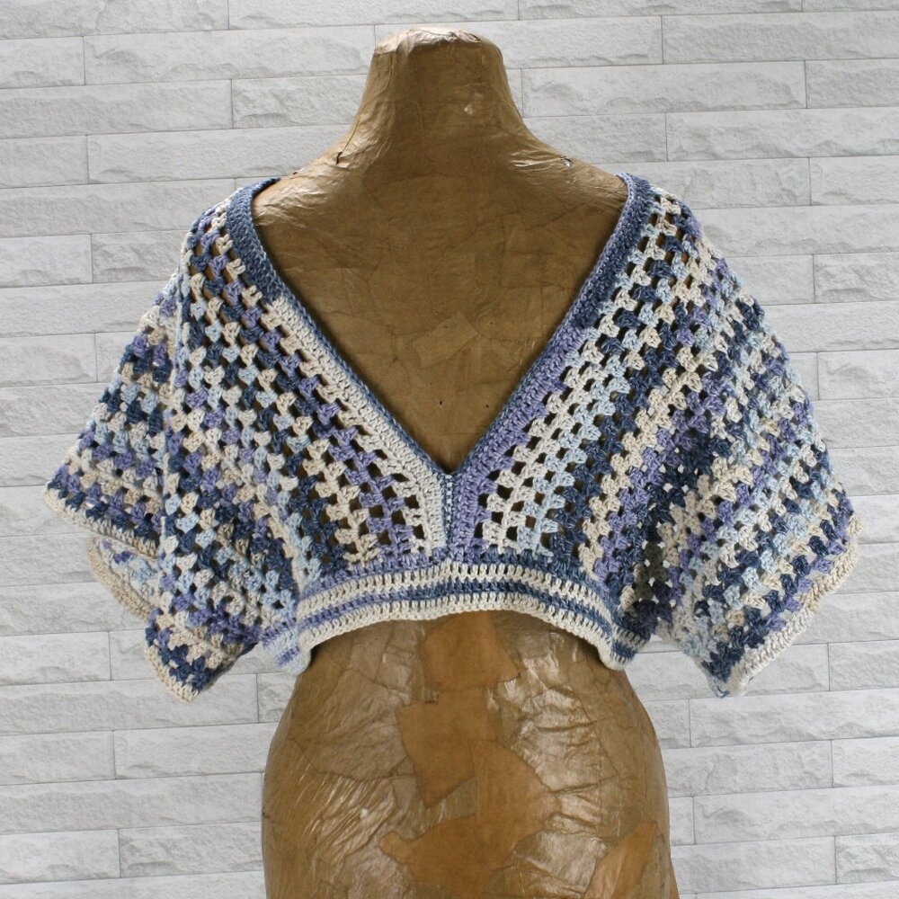 HAND CRAFTED Cardigan Sweater Cropped Crochet Striped Blue Denim Granny Square - Picture 4 of 13